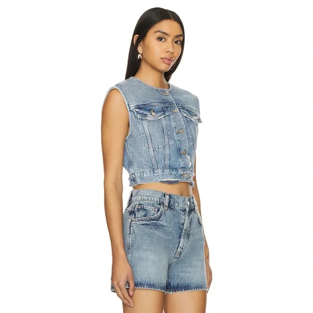 New Agolde Leo Cropped Denim Vest Blue XS - Picture 4 of 14